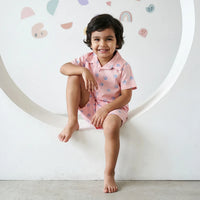Boys Pink Seashell Printed Short Sleeve Shirt With Printed Elasticated Shorts Sets Sets