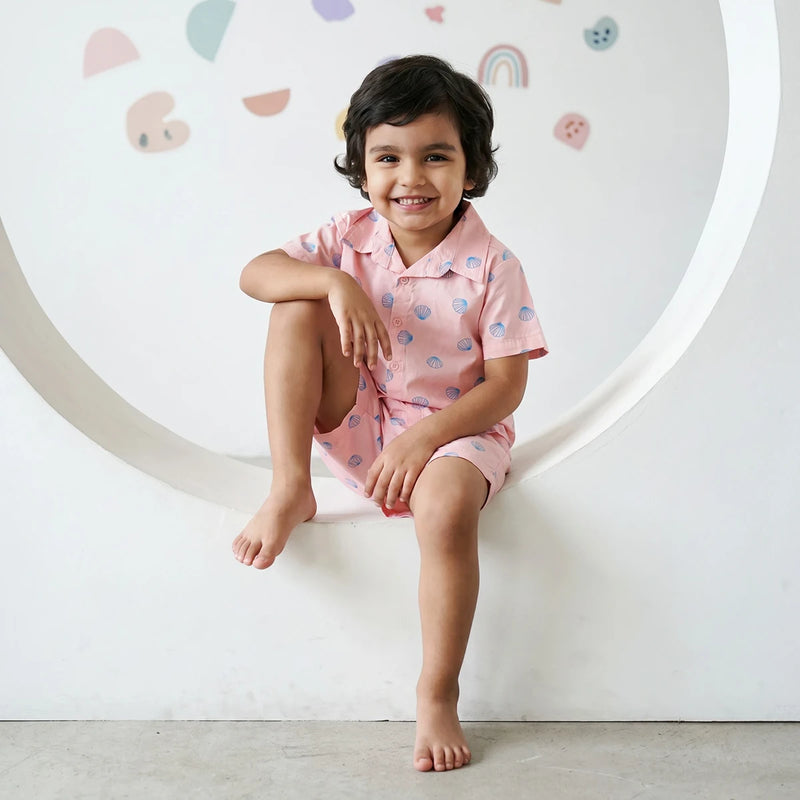 Boys Pink Seashell Printed Short Sleeve Shirt With Printed Elasticated Shorts Sets Sets