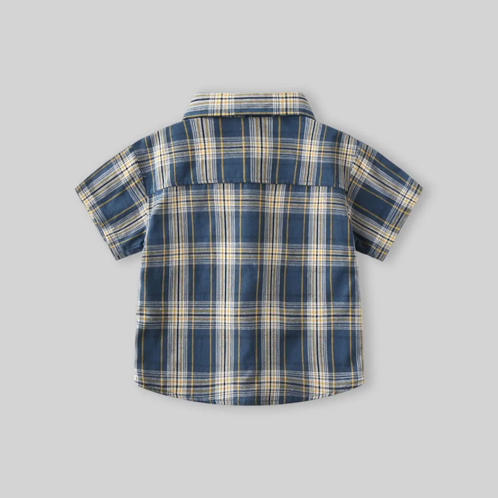 Boys Blue Checked Short Sleeves Shirt With Attached Necktie Shirts
