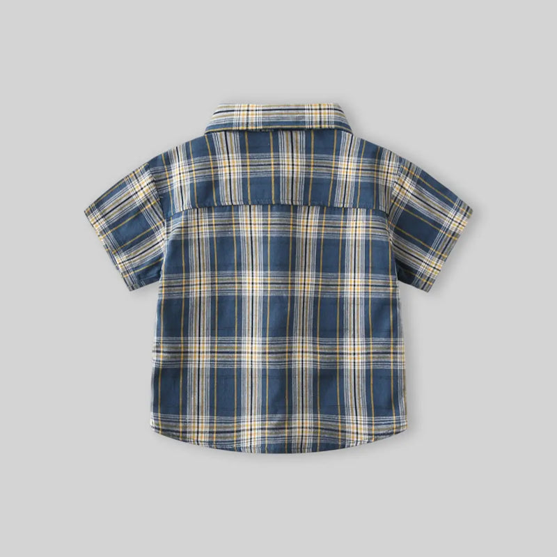 Boys Blue Checked Short Sleeves Shirt With Attached Necktie Shirts