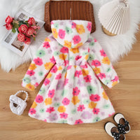 Girls Multicolor Floral Print Hooded Fleece Dress Casual Dresses