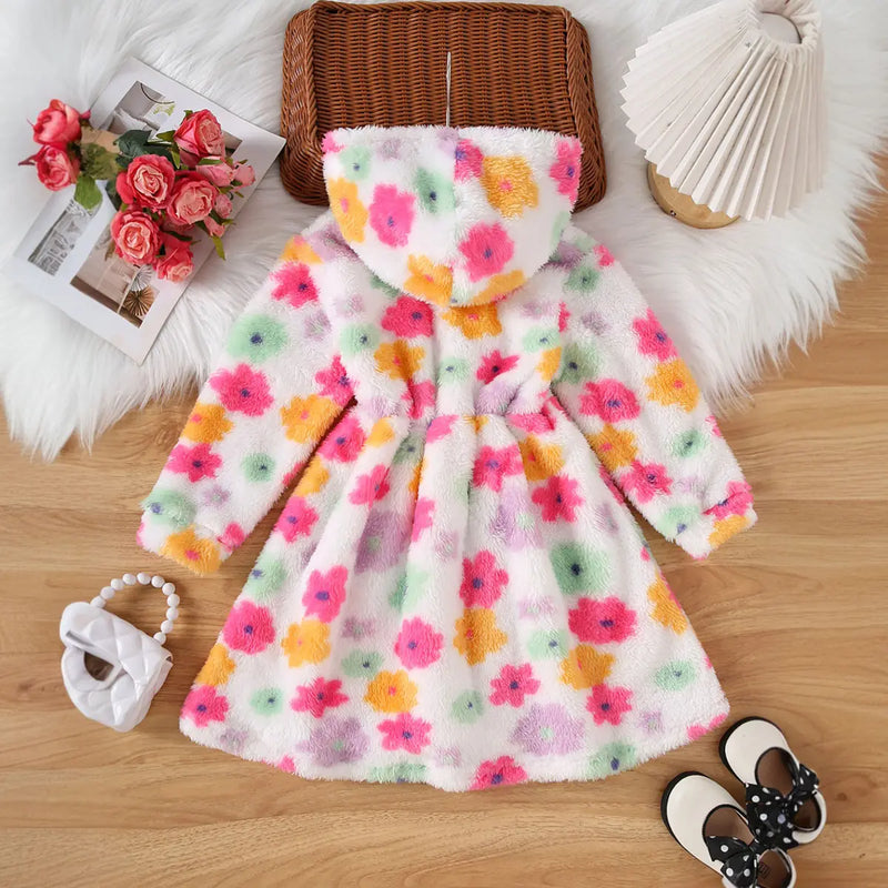 Girls Multicolor Floral Print Hooded Fleece Dress Casual Dresses