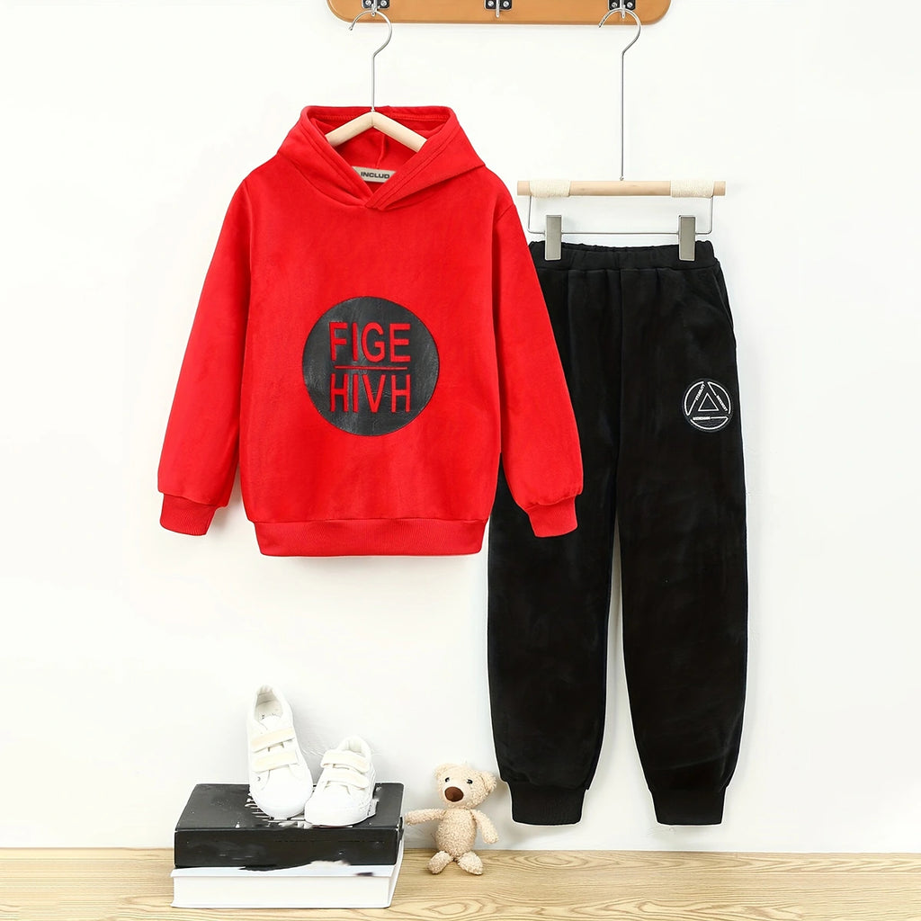Boys Red Typographic Printed Hoodie With Sleeveless Jacket & Jogger Sets Sets