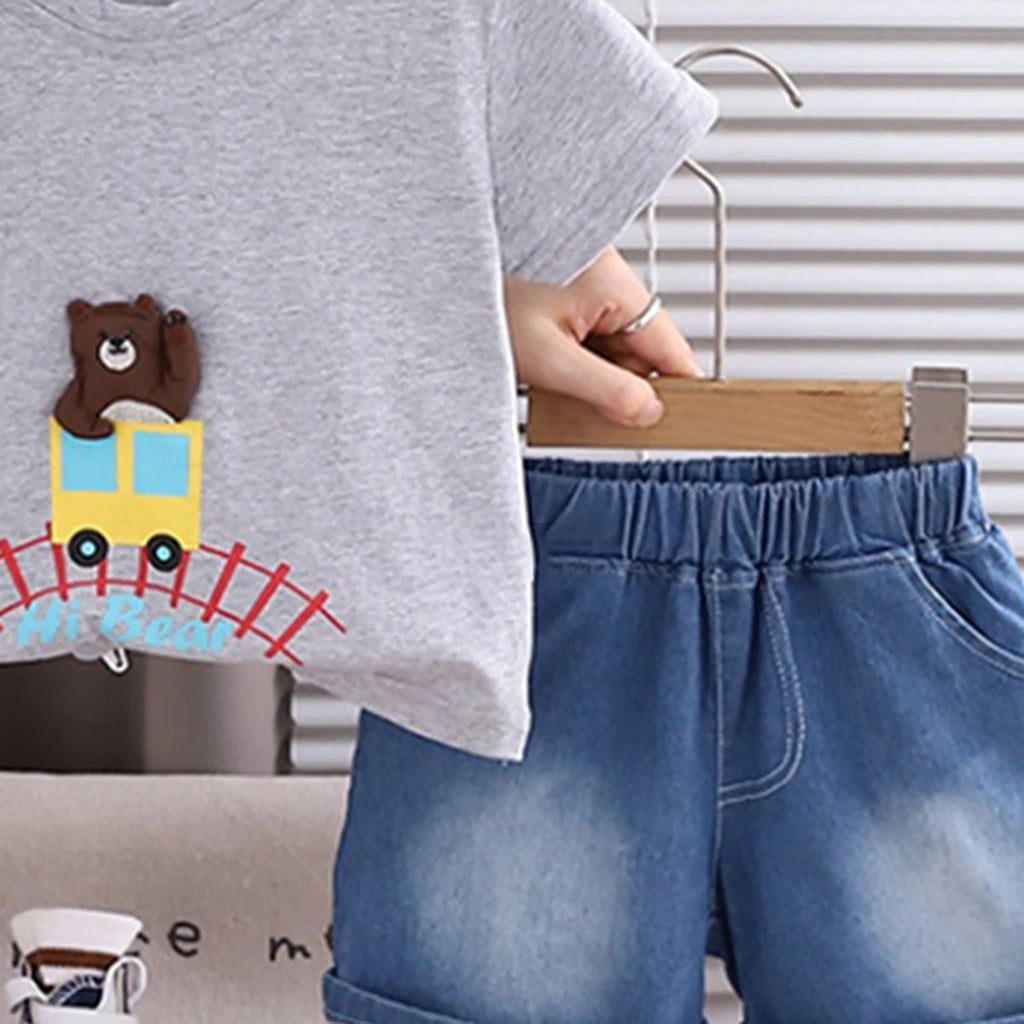 Boys Sky Blue Bear Applique T-Shirt With Denim Shorts Sets 2 pc. Sets