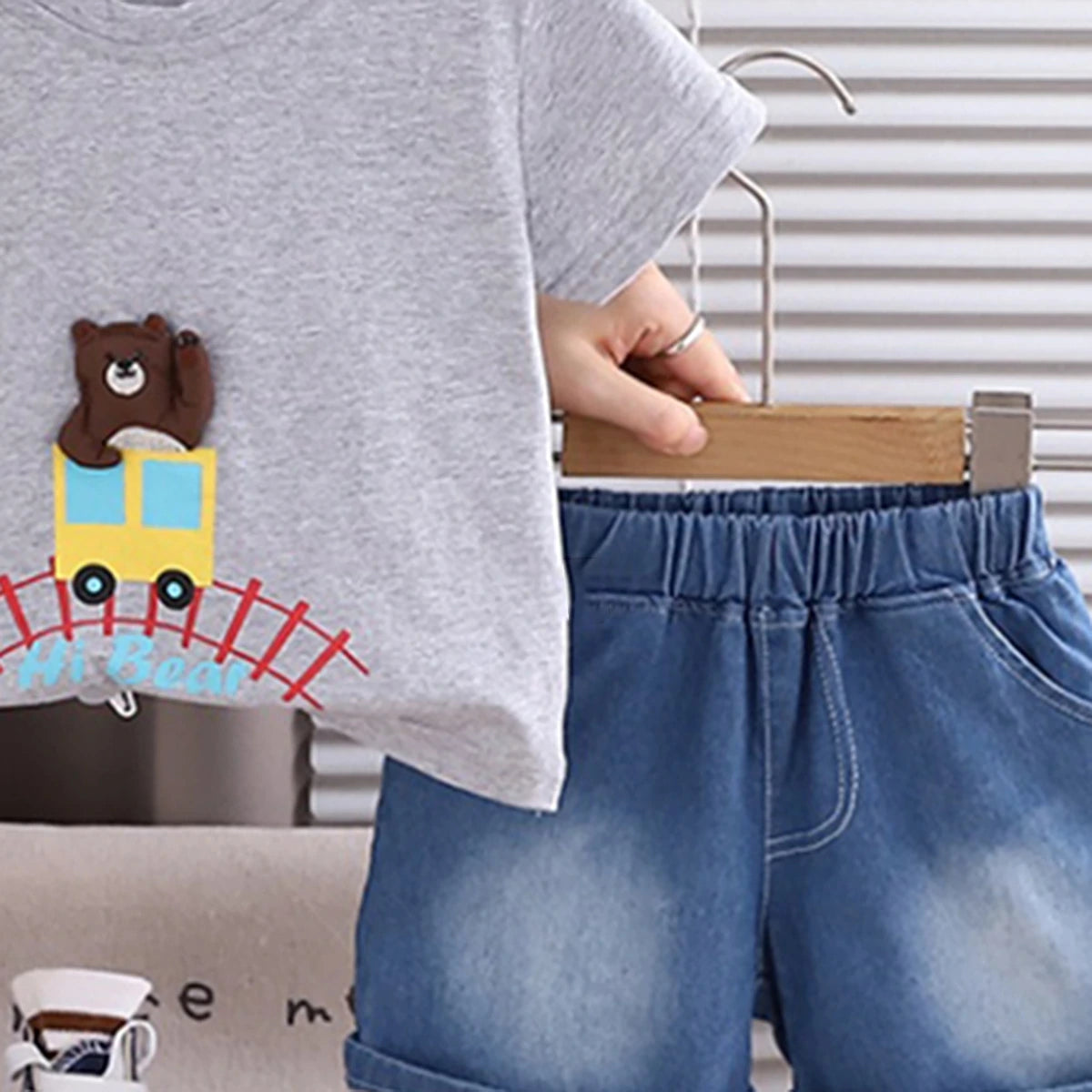 Boys Sky Blue Bear Applique T-Shirt With Denim Shorts Sets 2 pc. Sets