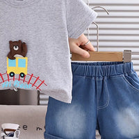 Boys Sky Blue Bear Applique T-Shirt With Denim Shorts Sets 2 pc. Sets