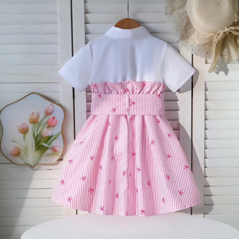 Girls Pink Stripes Short Sleeves Shirt Dress Casual Dresses