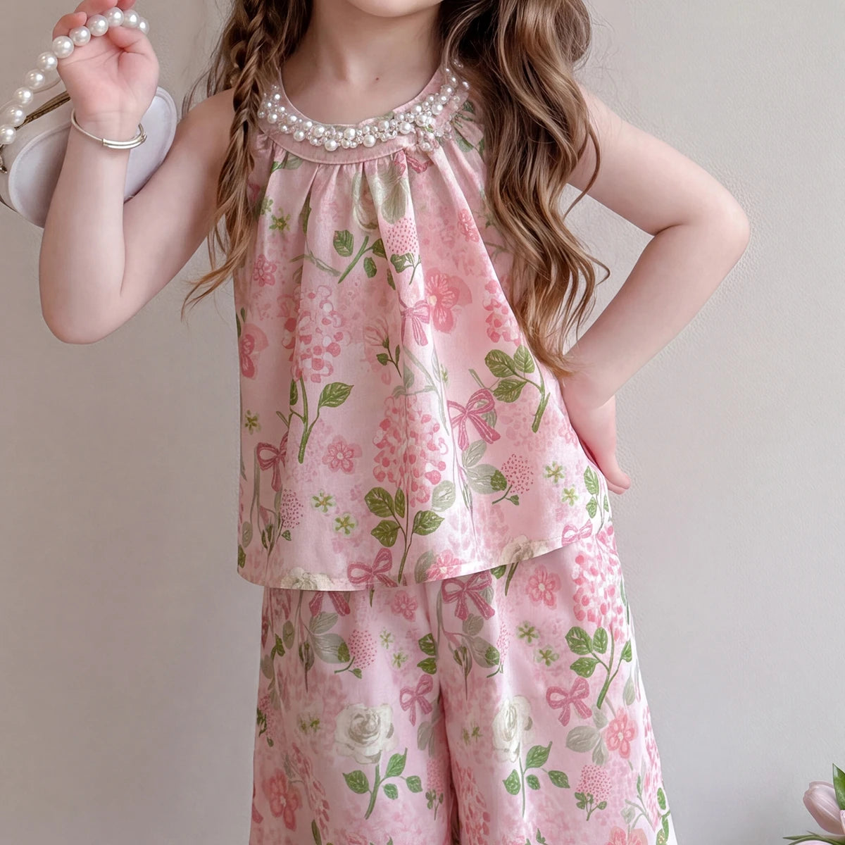 Girls Pink Sleeveless Floral Print Top With Pants Sets 2 pc. Sets