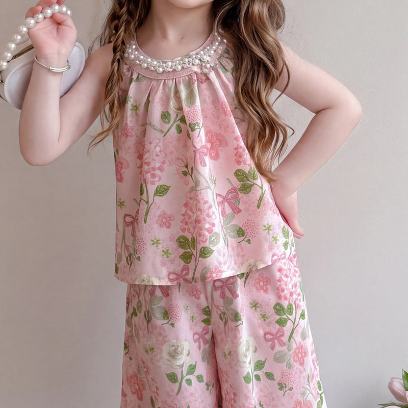 Girls Pink Sleeveless Floral Print Top With Pants Sets 2 pc. Sets