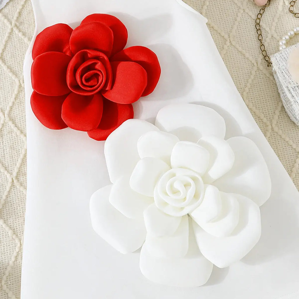 Girls White Sleeveless A-line Dress With Large 3D Flowers Applique Casual Dresses
