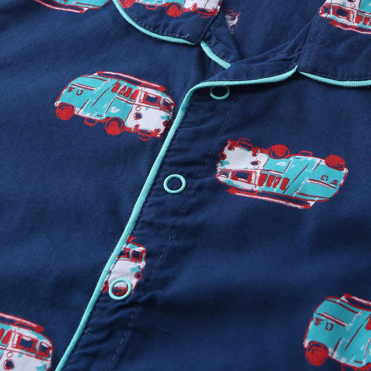 Girls Navy Blue Car Printed Short Sleeve Shirt With Printed Pyjama Sets Sets
