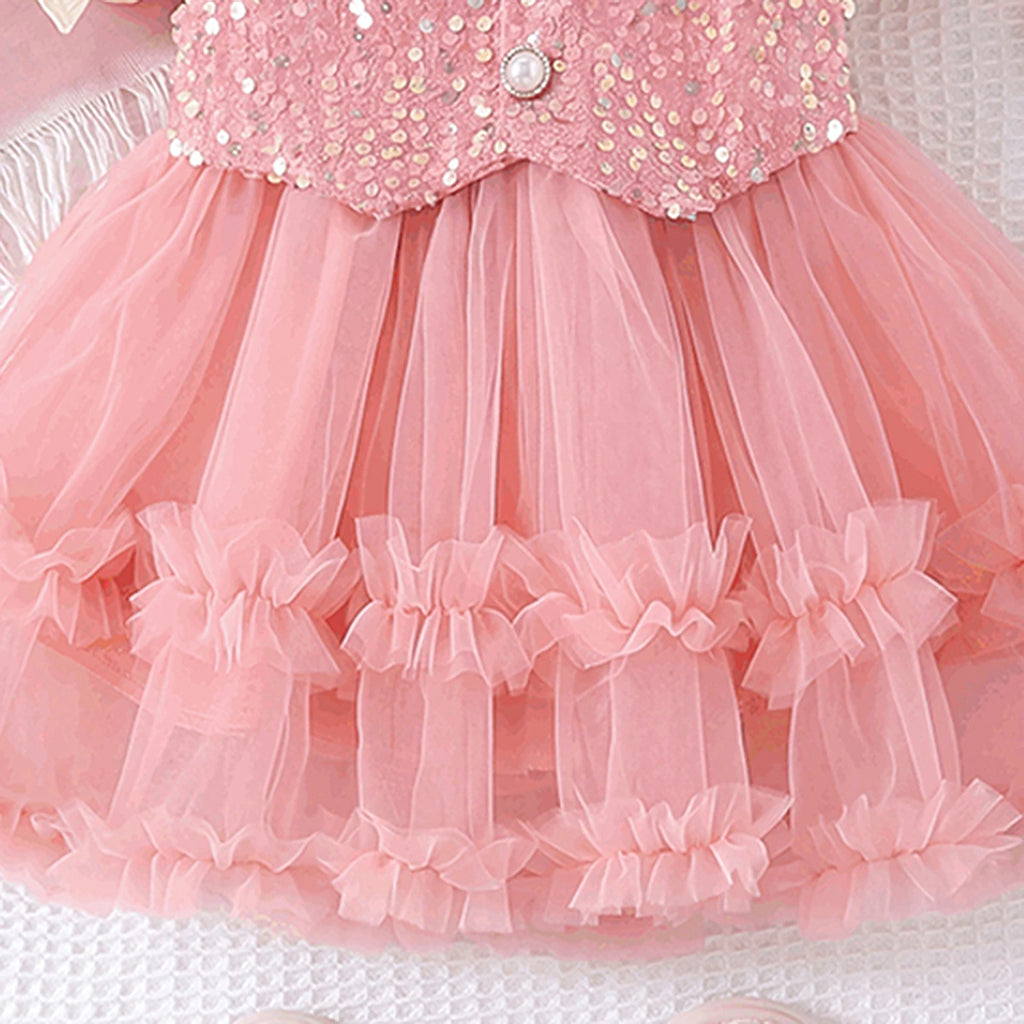Girls Pink Sequined Short Sleeve Fit & Flare Dress Casual Dresses