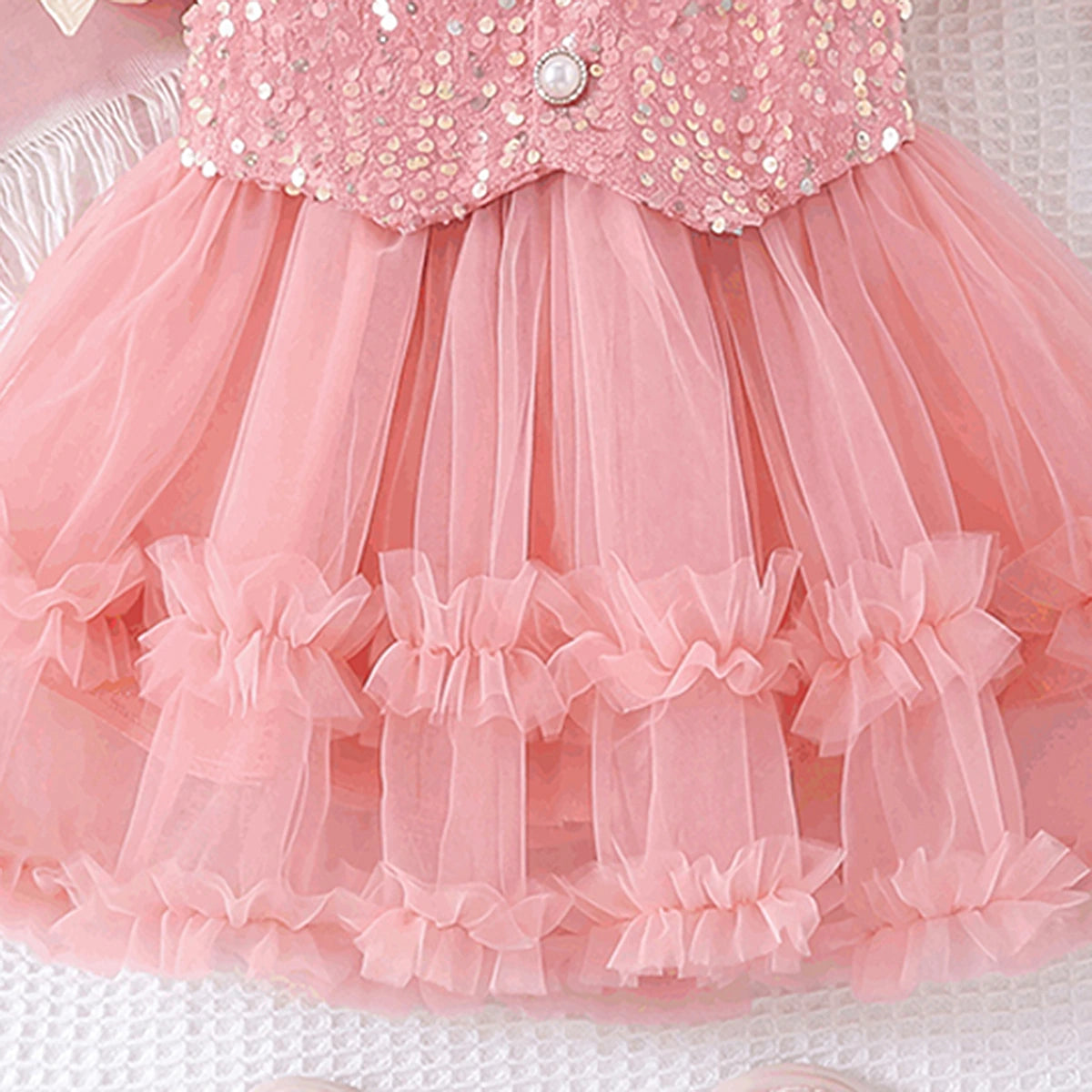 Girls Pink Sequined Short Sleeve Fit & Flare Dress Casual Dresses