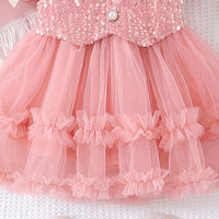 Girls Pink Sequined Short Sleeve Fit & Flare Dress Casual Dresses