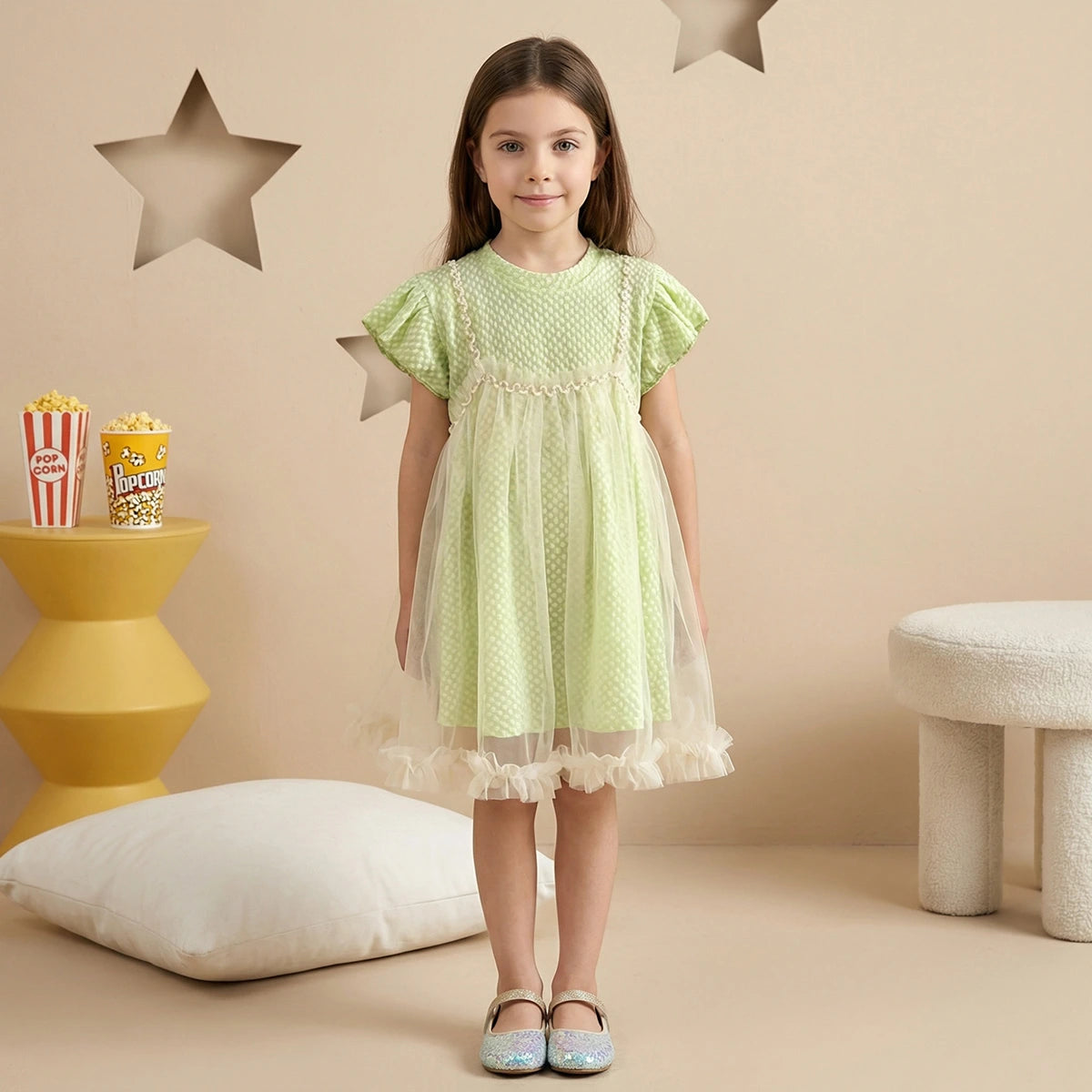 Girls Green Self Design T-Shirt Dress & Overlay Tulle Pinafore Dress Casual Dresses Green 1-2 Y
