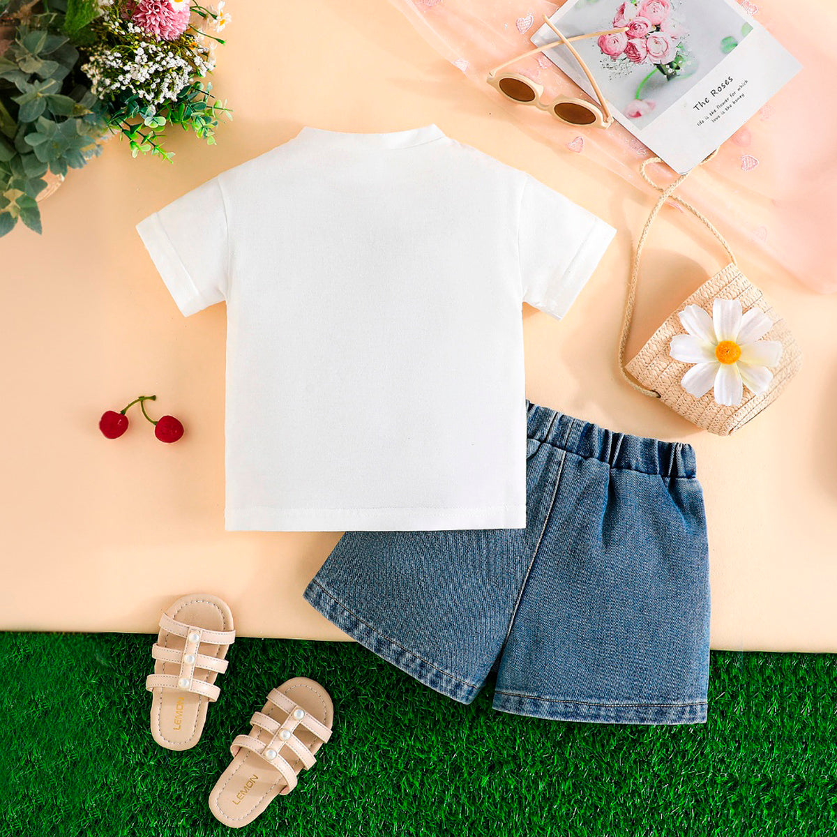 Girls White Cherry Printed T-shirt with Denim Shorts Set Sets