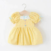 Girls Yellow Printed Fit & Flare Dress With Puff Sleeves Casual Dresses