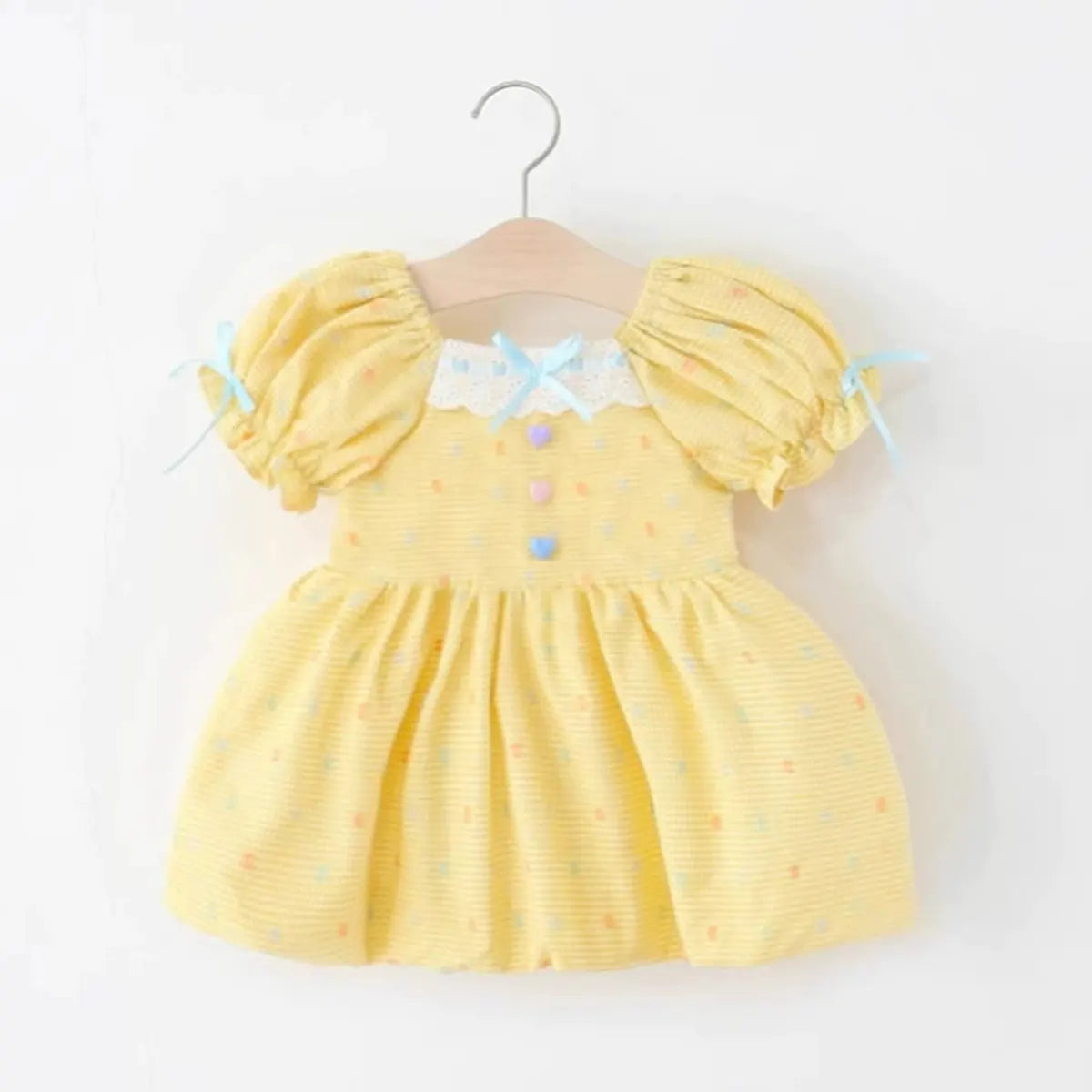 Girls Yellow Printed Fit & Flare Dress With Puff Sleeves Casual Dresses