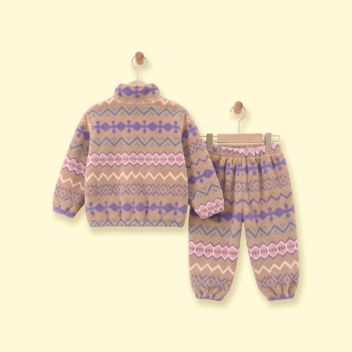 Girls Khaki Geometric Fleece Jacket & Pants Co-ord Sets Sets