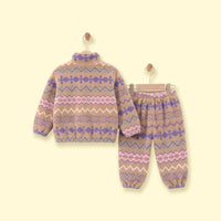 Girls Khaki Geometric Fleece Jacket & Pants Co-ord Sets Sets