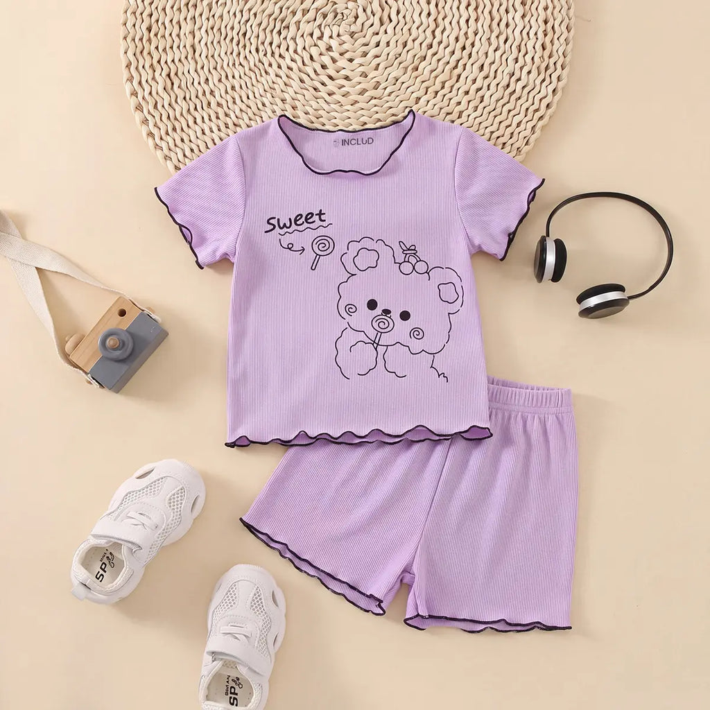Girls Purple Bear Graphic Printed Short Sleeve Top With Shorts Sets 2 pc. Sets Purple 1-2 Y