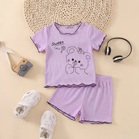 Girls Purple Bear Graphic Printed Short Sleeve Top With Shorts Sets 2 pc. Sets Purple 1-2 Y