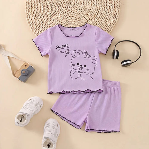 Girls Purple Bear Graphic Printed Short Sleeve Top With Shorts Sets 2 pc. Sets Purple 1-2 Y