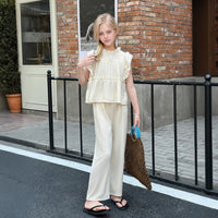 Girls Apricot Textured Sleeveless Summer Top With Pants Sets 2 pc. Sets Apricot 5-6 Y