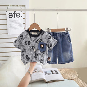 Boys Grey Typographic Print T-Shirt With Denim Shorts Set Sets Grey 1-2 Y
