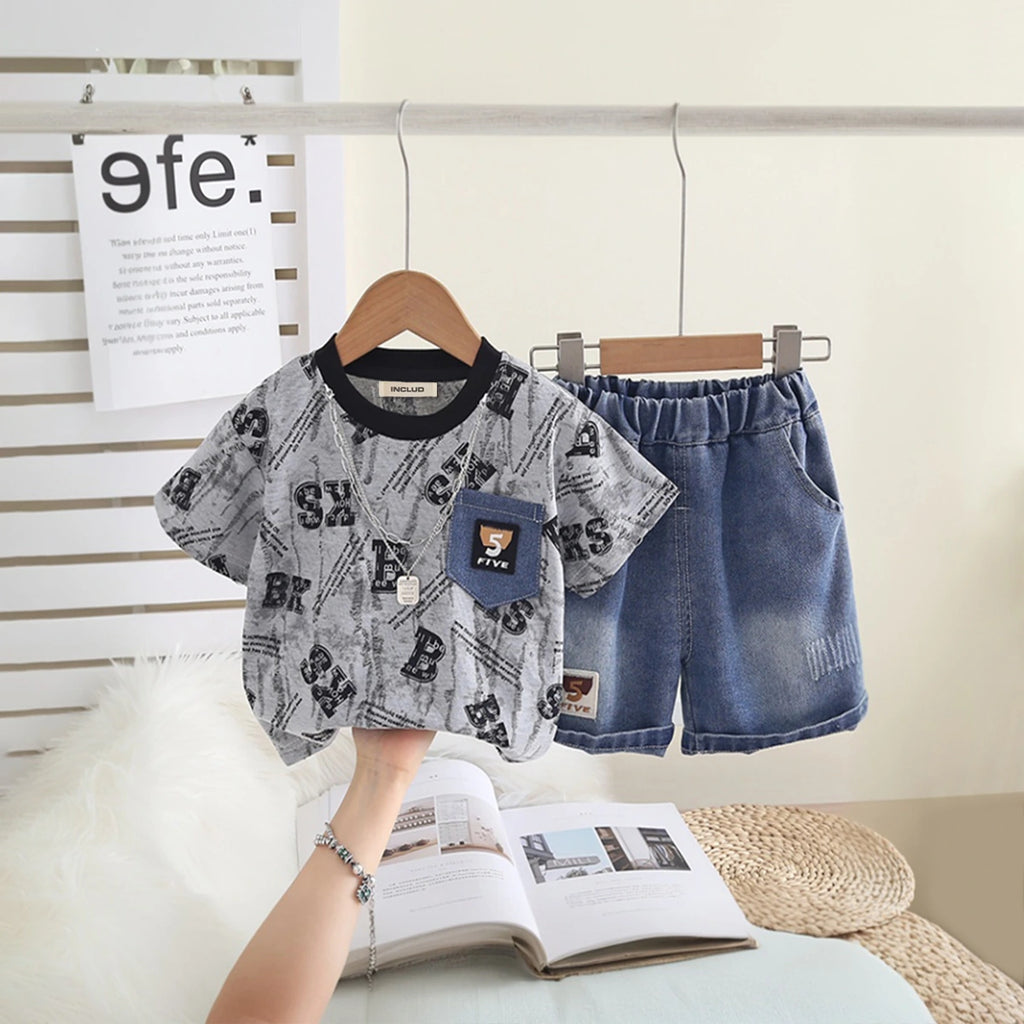 Boys Grey Typographic Print T-Shirt With Denim Shorts Set Sets Grey 1-2 Y
