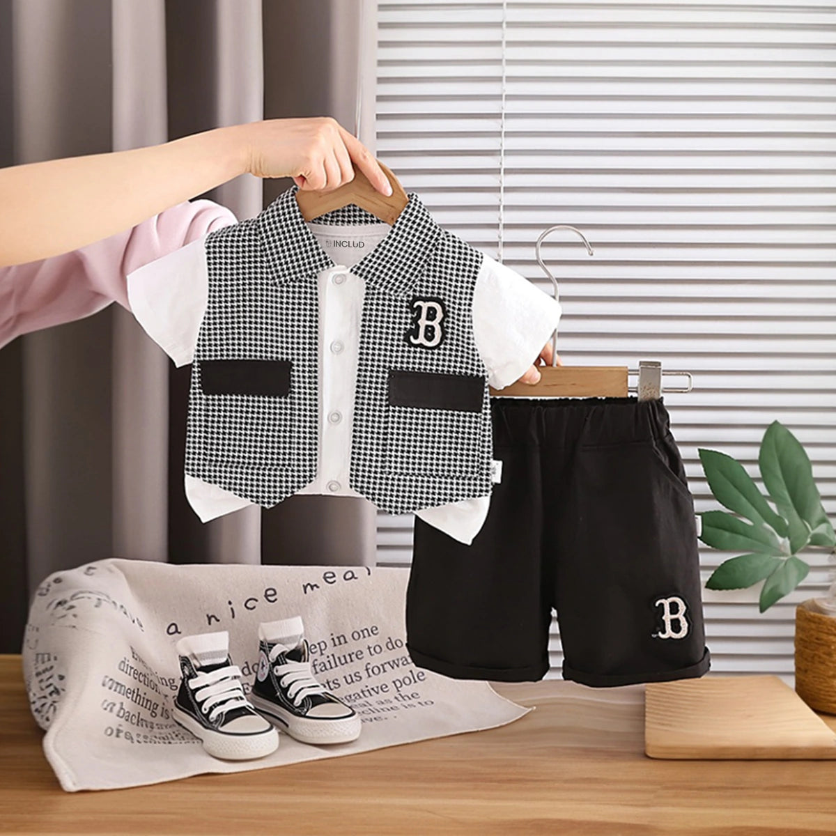 Boys Black Houndstooth Fake waistcoat Shirt With Shorts Sets Sets Black 1-2 Y