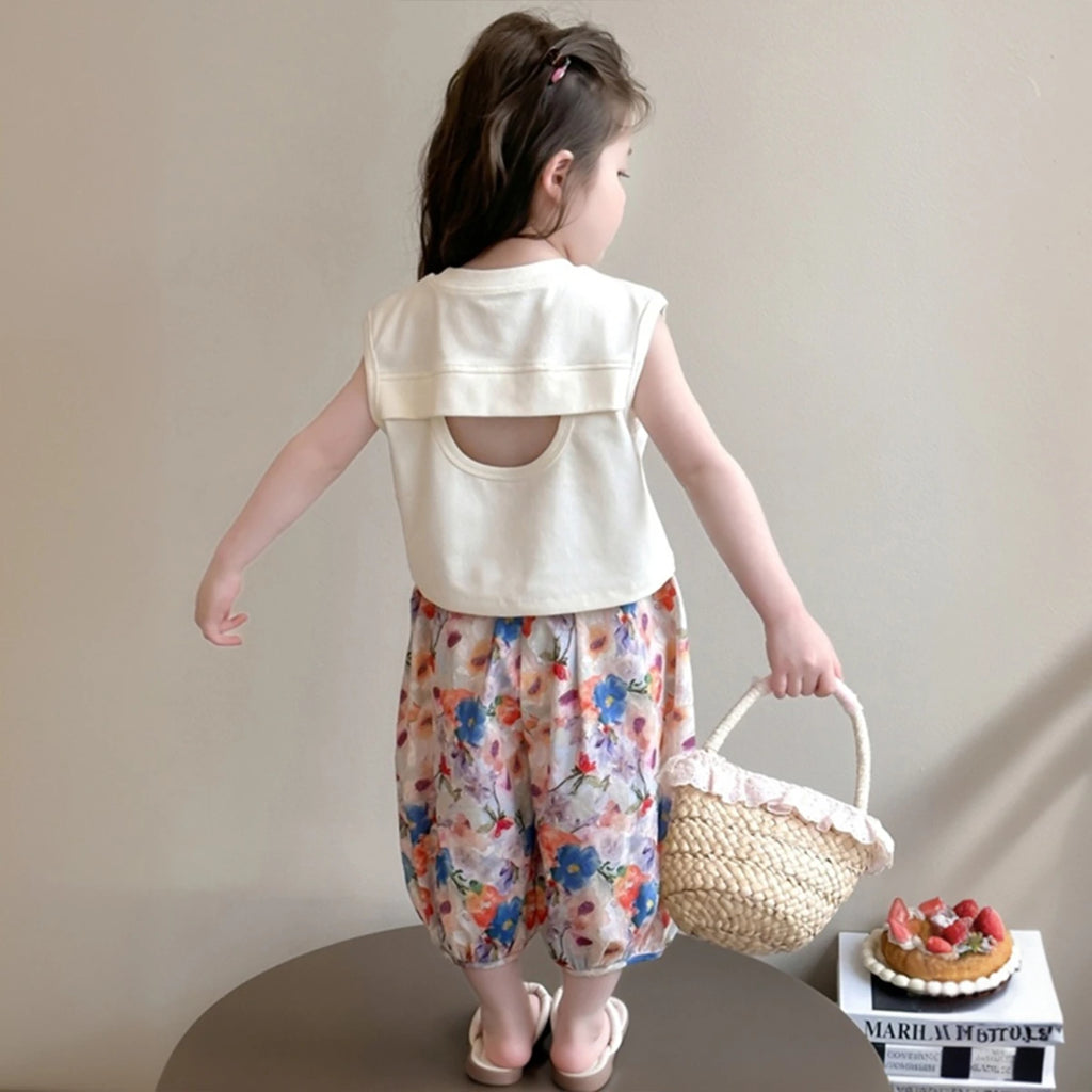 Girls Off White Sleeveless Graphic Top With Floral Pants Sets Sets
