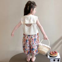 Girls Off White Sleeveless Graphic Top With Floral Pants Sets Sets