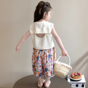 Girls Off White Sleeveless Graphic Top With Floral Pants Sets Sets