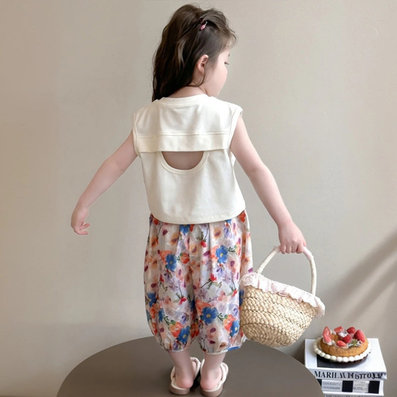 Girls Off White Sleeveless Graphic Top With Floral Pants Sets Sets