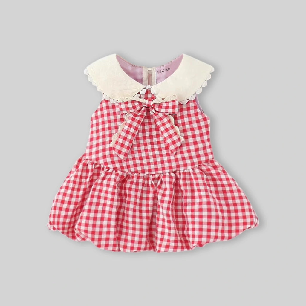 Girls Red Checked Fit & Flare Dress With Bubble Hemline Casual Dresses