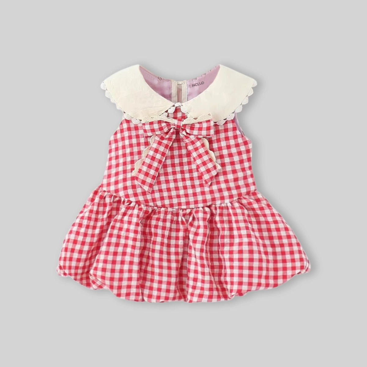 Girls Red Checked Fit & Flare Dress With Bubble Hemline Casual Dresses