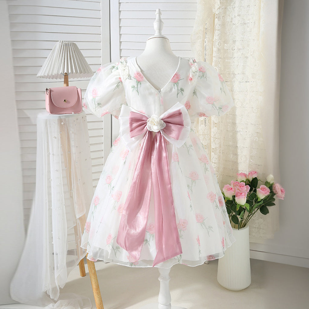 Girls White Floral Printed Party Dress with Statement Back Bow Party Dresses