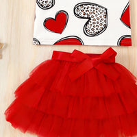 Girls Red Heart Print Flared Sleeve T-Shirt With Skirt Sets 2 pc. Sets