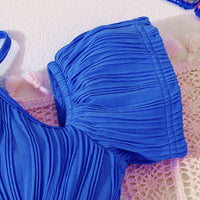 Girls Royal Blue Wave Textured Cold-Shoulder Casual Dress Casual Dresses