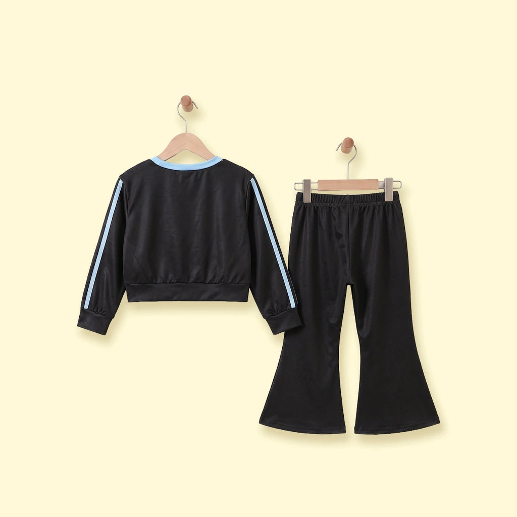 Girls Black Typographic Crop Sweatshirt & Flared Pants Co-ord Sets Sets