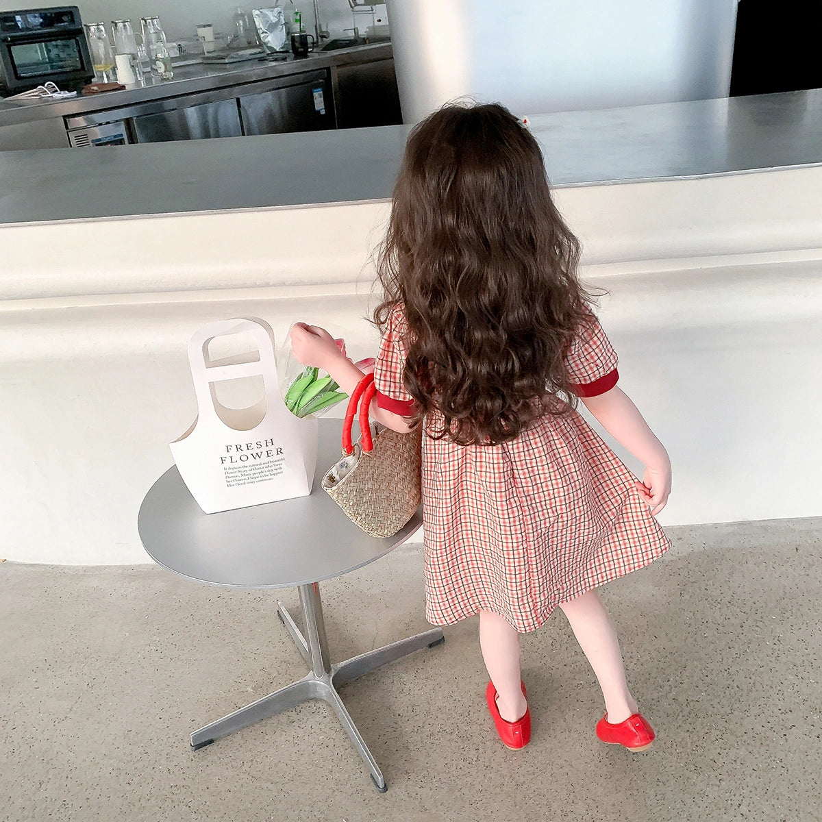 Girls Red Checked Short Sleeve Fit And Flare Dress with Bow Casual Dresses