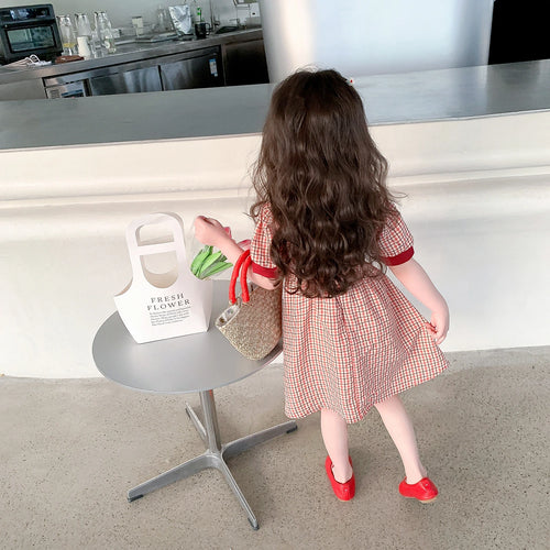 Girls Red Checked Short Sleeve Fit And Flare Dress with Bow Casual Dresses
