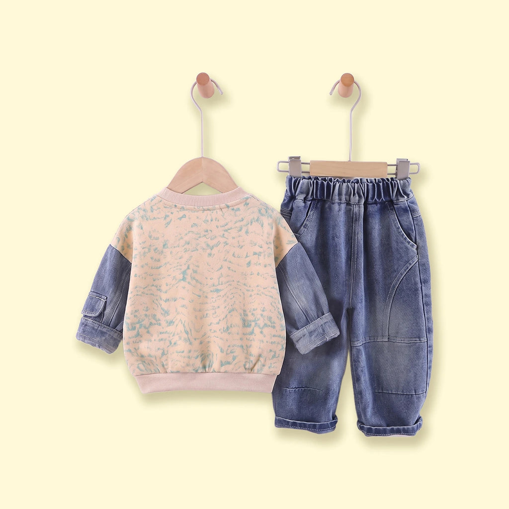Boys Beige Abstract Print Sweatshirt With Denim Pants Sets 2 pc. Sets