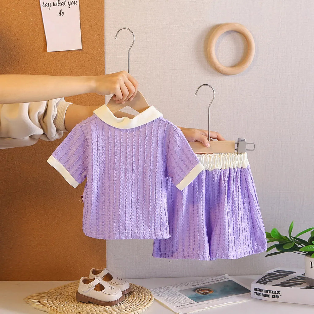 Girls Purple Textured Polo T-Shirt With Shorts Co-ord Sets Sets