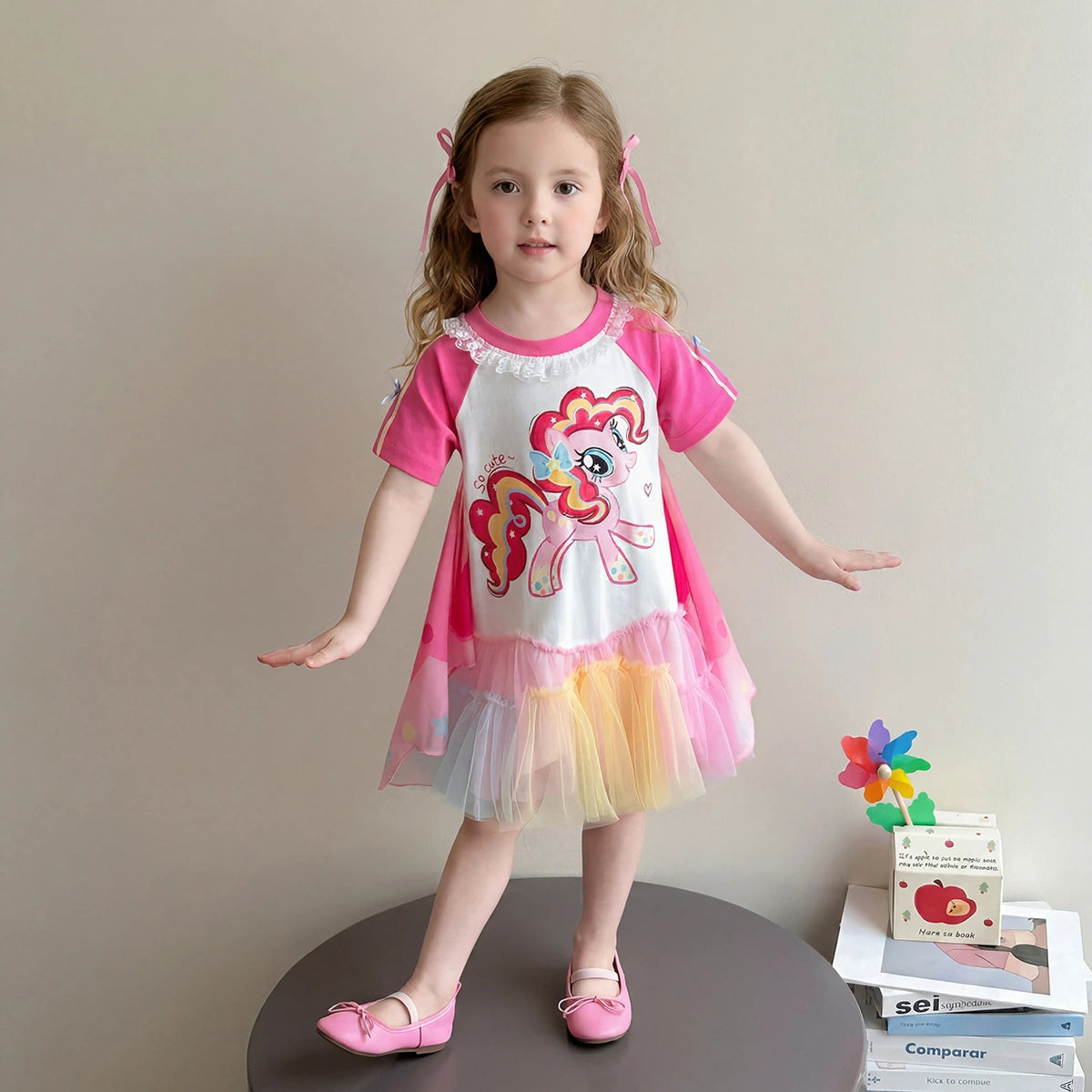 Girls Pink Unicorn Print T-Shirt Dress With Tulle Ruffles Casual Dresses Pink 1-2 Y