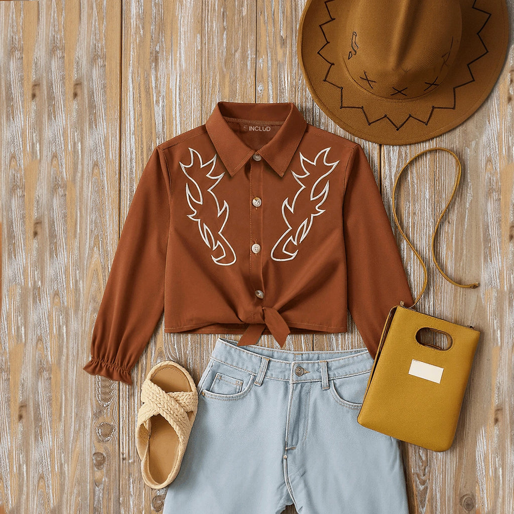 Girls Brown Embroidered Cuffed Sleeve Top Tops Brown 3-4 Y