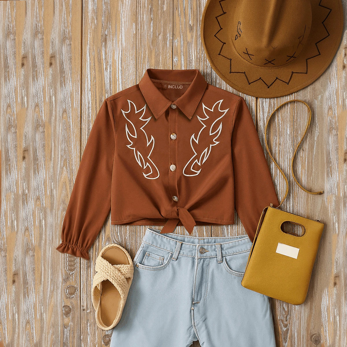 Girls Brown Embroidered Cuffed Sleeve Top Tops Brown 3-4 Y