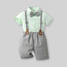 Boys Short Sleeve Shirt With Suspender Checked Shorts Set 2 pc. Sets   