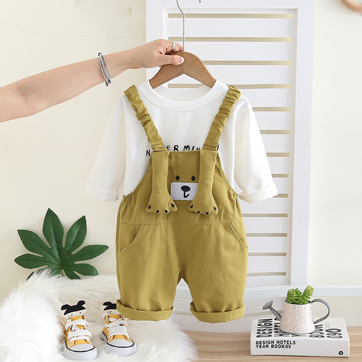 Boys Green Typographic Printed T-Shirt With Dungaree Set 2 pc. Sets Green 1-2 Y